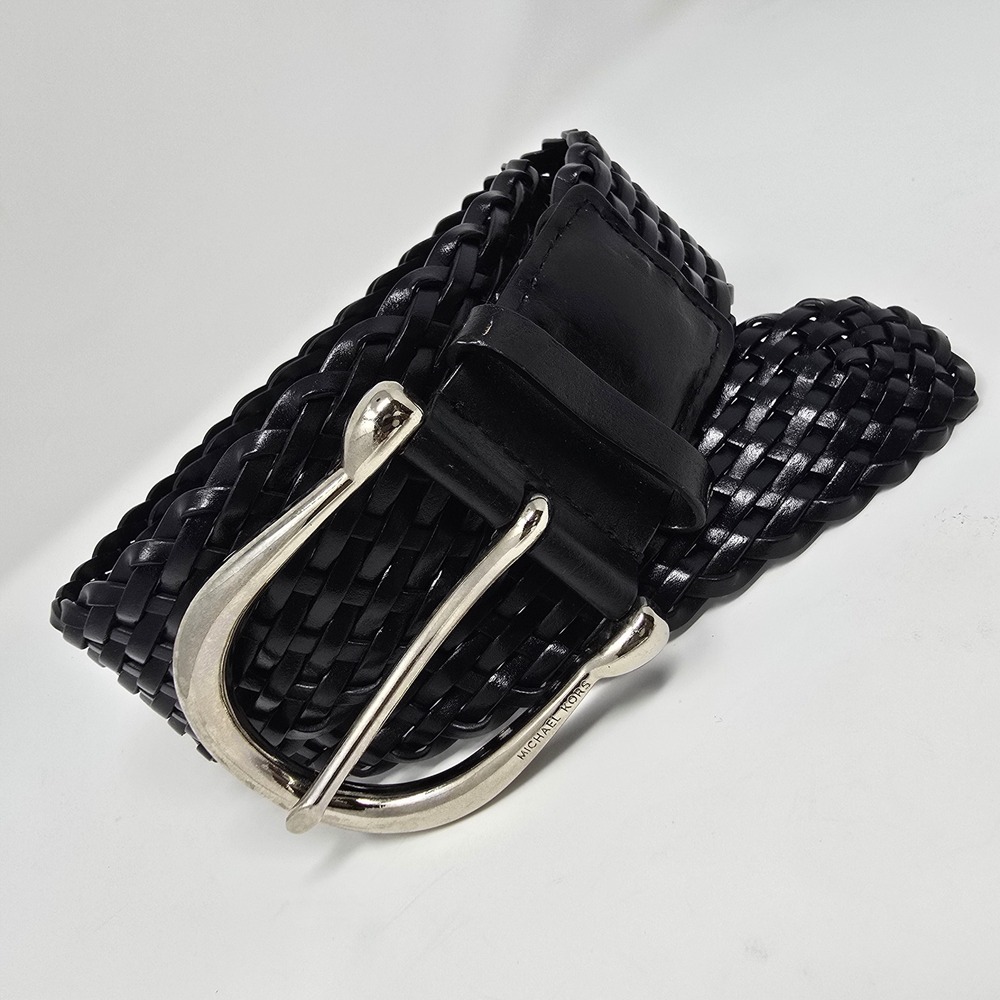 Michael Kors Black Woven Braided Leather Belt Silver Buckle 553633 Medium READ - Picture 2 of 14